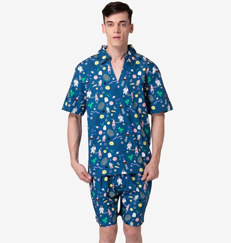 Men Blue & Pink Pure Cotton Printed Night suit